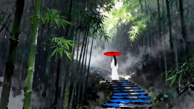 Woman with red umbrella in bamboo forest live wallpaper