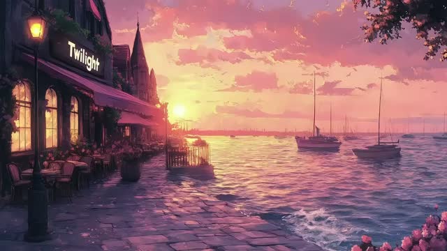 Sunset over harbor café terrace live wallpaper