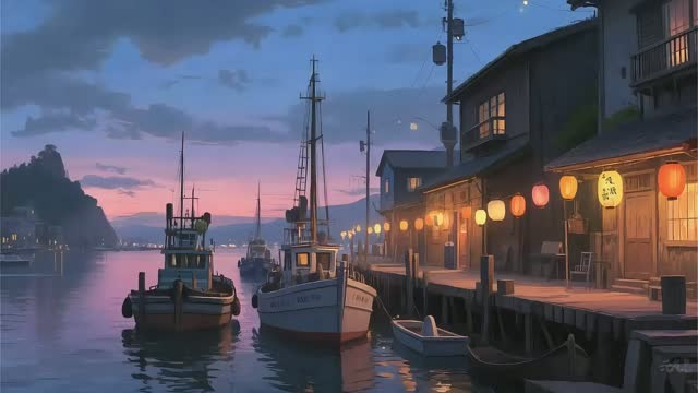 Boats docked at sunset with warm lights live wallpaper