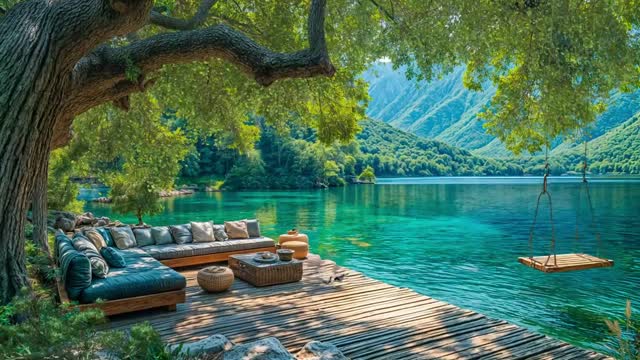 Crystal lake with wooden dock and mountains live wallpaper