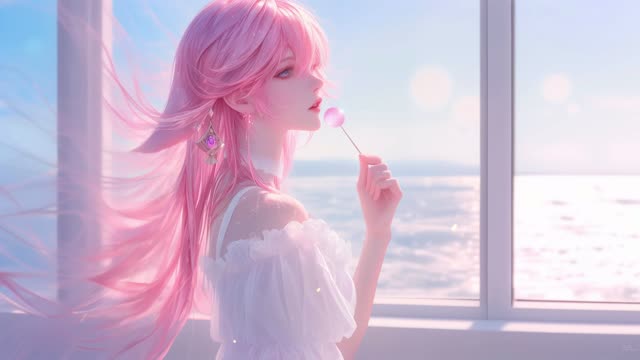 Pink-haired anime girl by the window live wallpaper
