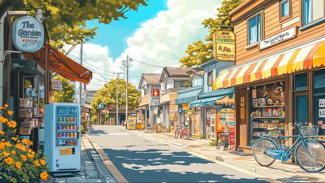 Sunny small-town street with shops live wallpaper