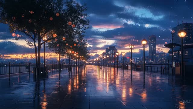 Park walkway at dusk with reflections live wallpaper
