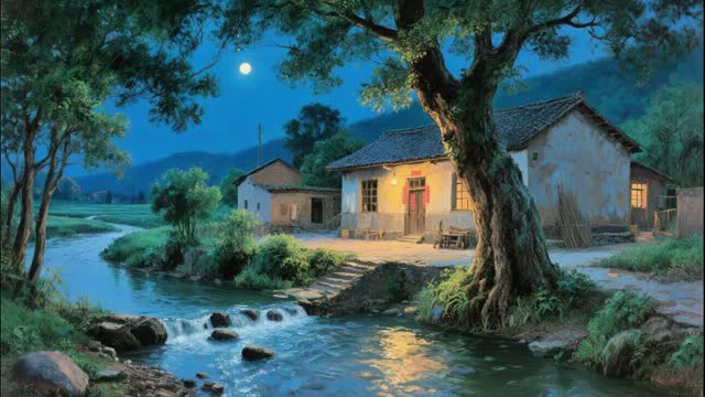 Cottage by the river under big tree live wallpaper