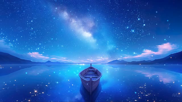 Boat on glowing starry blue ocean live wallpaper