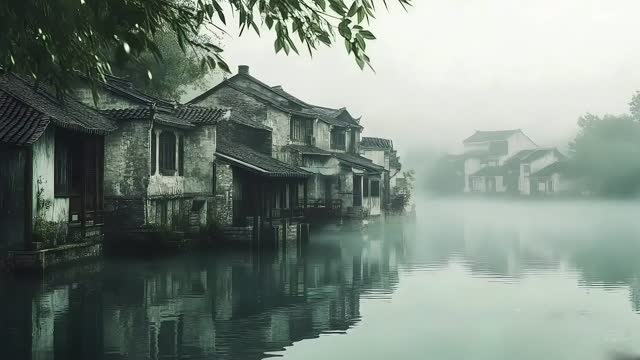 Misty riverside village with old houses live wallpaper