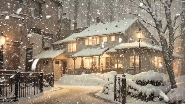 Cozy snowy house in winter evening live wallpaper