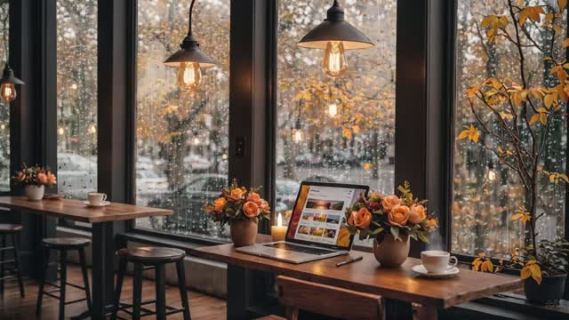 Cozy café interior with warm lights live wallpaper