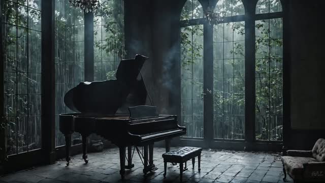 Grand piano in misty glass room live wallpaper