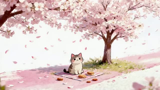 Cat sitting under cherry blossom tree live wallpaper