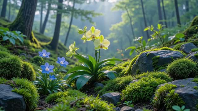 Forest flowers glowing in morning light live wallpaper