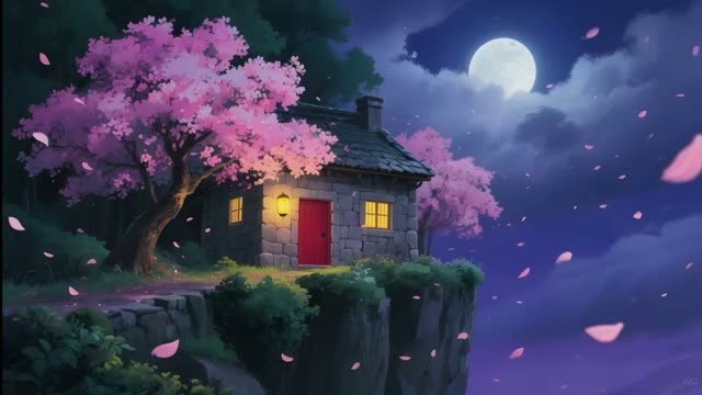 Cottage under cherry blossoms and full moon live wallpaper