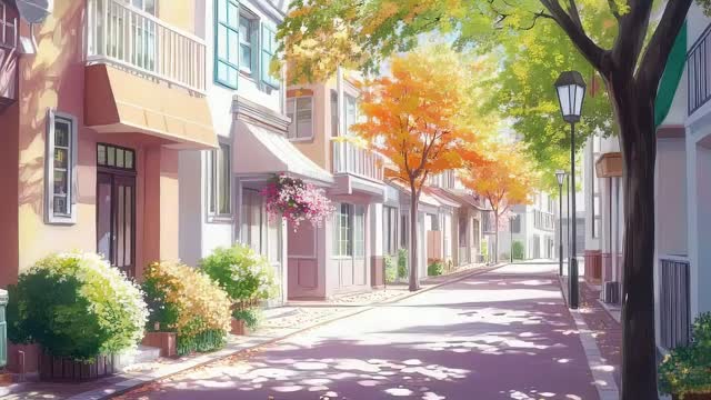 Bright suburban street with fall colors live wallpaper