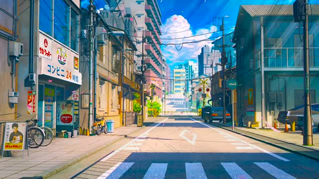Sunny city street with shops live wallpaper