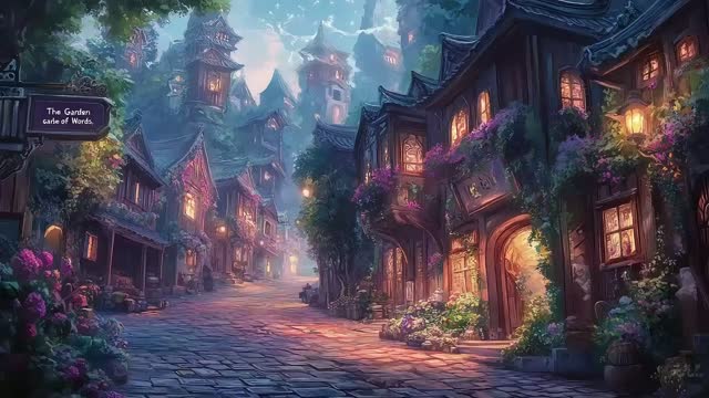 Nighttime village street with lanterns live wallpaper