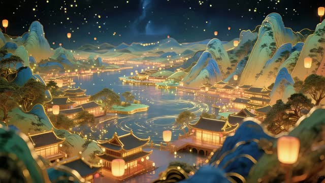Golden fantasy city in the mountains live wallpaper