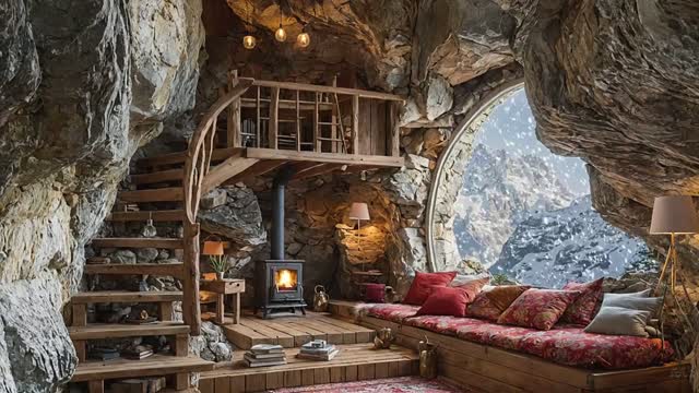Cozy cave loft with fireplace live wallpaper