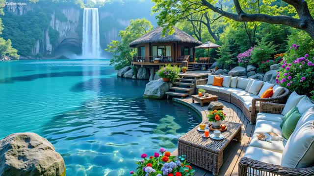Luxury villa with pool beside waterfall live wallpaper