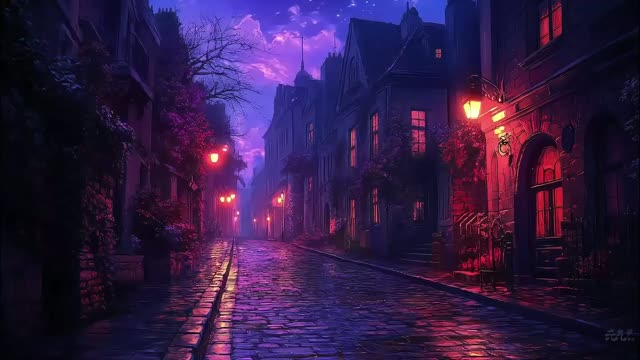 Purple-lit misty street at night live wallpaper