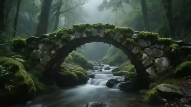 Mossy stone bridge over forest stream live wallpaper