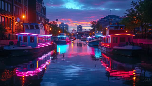 Colorful neon-lit canal at sunset live wallpaper