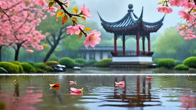 Traditional pavilion with cherry blossoms live wallpaper