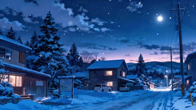 Snowy village under moonlight live wallpaper