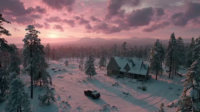 Winter sunset over forest cabins live wallpaper