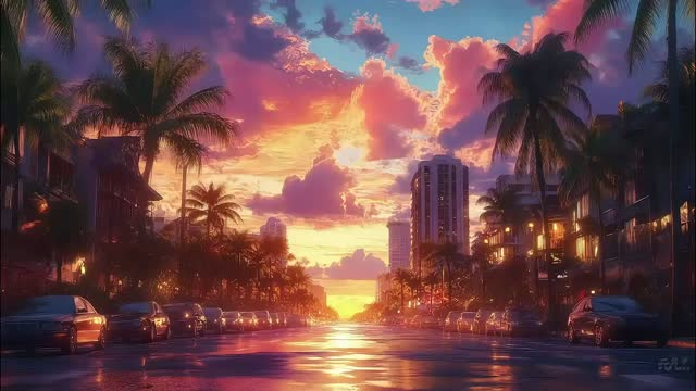 Tropical city sunset with palm trees live wallpaper