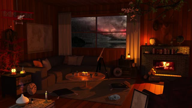 Cozy modern living room at night live wallpaper