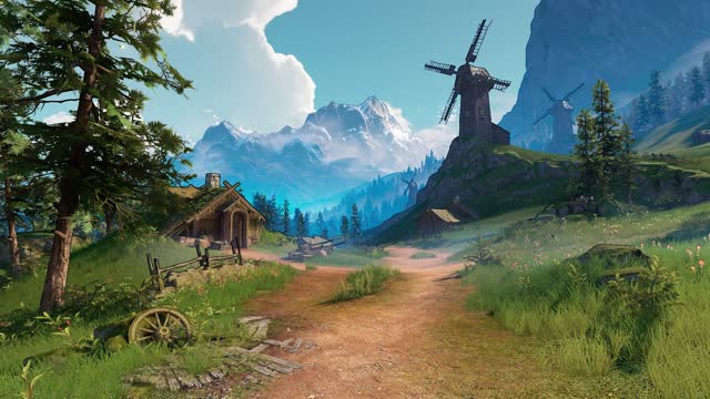 Windmill path in alpine countryside live wallpaper