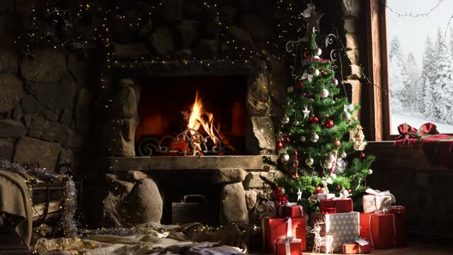 Stone fireplace with Christmas decorations live wallpaper