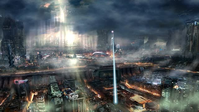 Futuristic city under stormy sky live wallpaper