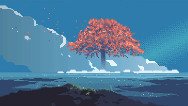 Minimalist landscape with red tree on icy shore live wallpaper