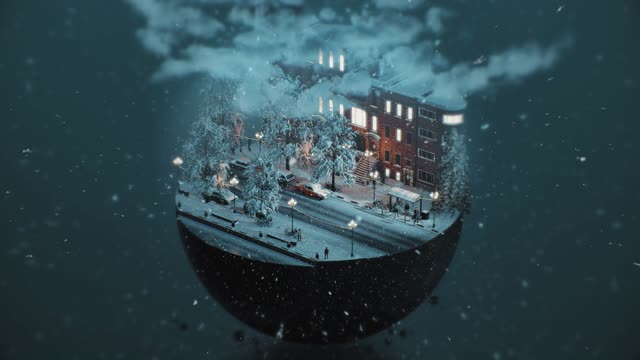 Snow globe city floating in dark space live wallpaper