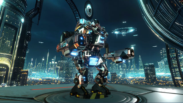 Futuristic combat robot in sci-fi city arena live wallpaper