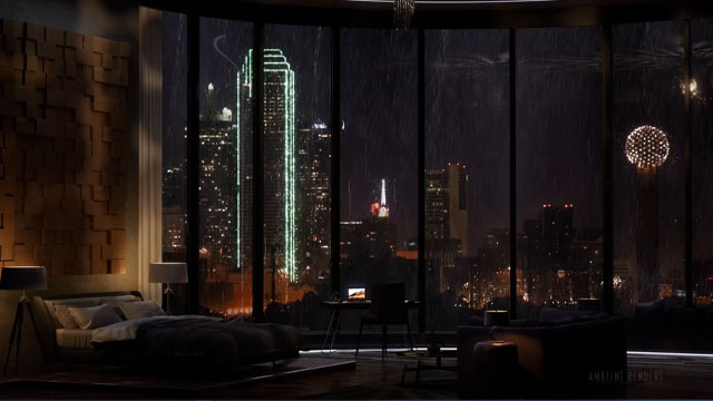 Luxury apartment interior with nighttime city skyline live wallpaper