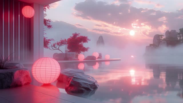 Zen-inspired scene with glowing red lanterns and mist live wallpaper
