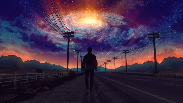 Lone traveler walking road beneath cosmic sunset live wallpaper