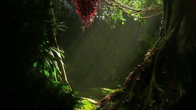 Lush jungle ravine with sunlight beams live wallpaper