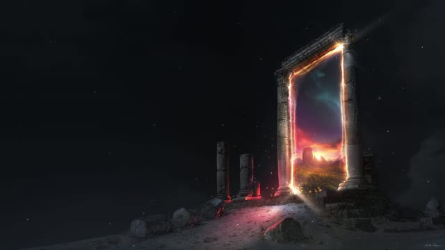 Glowing magical doorway in dark abandoned space live wallpaper