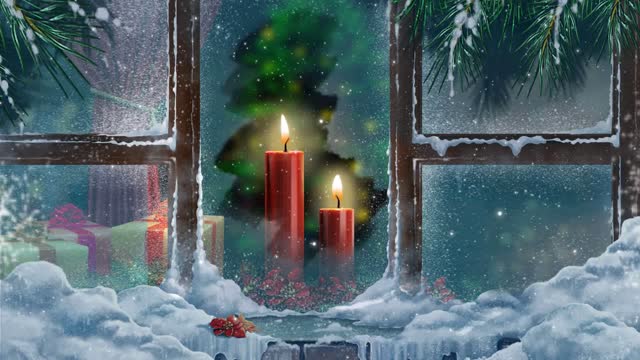 Snowy window with candles and winter decorations live wallpaper