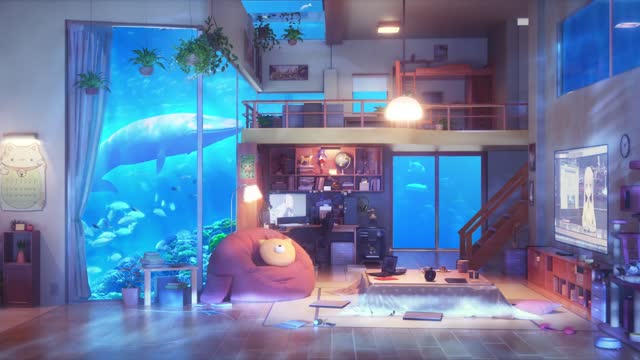 Cozy creative studio room with aquarium and warm lights live wallpaper