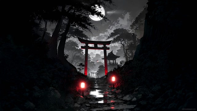 Crimson Lanterns Beneath the Misty Moon Live Wallpaper - 4K Animated ...