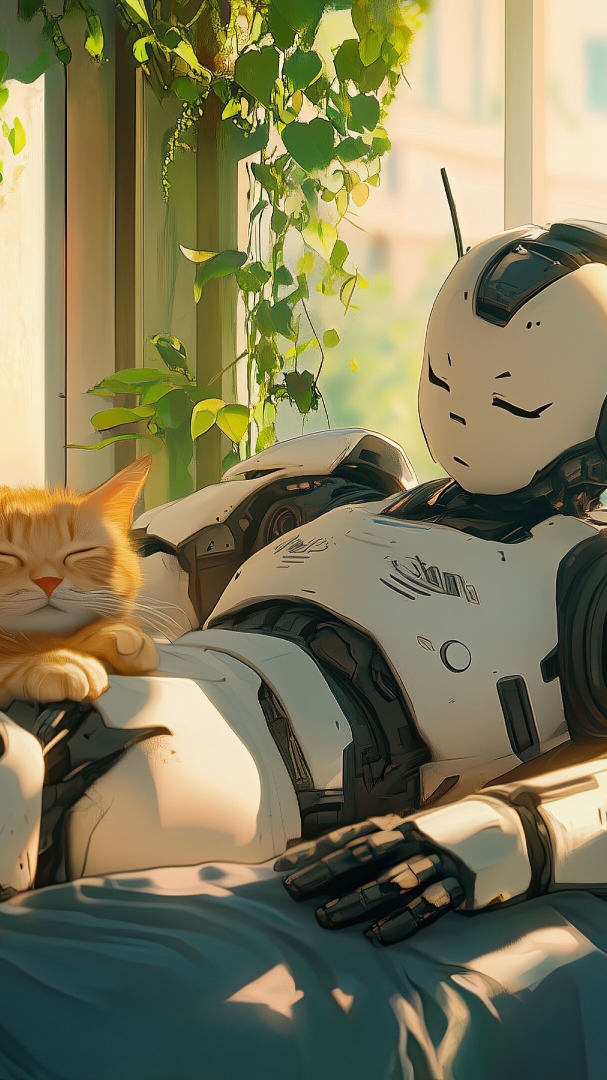 Cozy Futuristic Anime Room with Robot and Lazy Cat - backiee