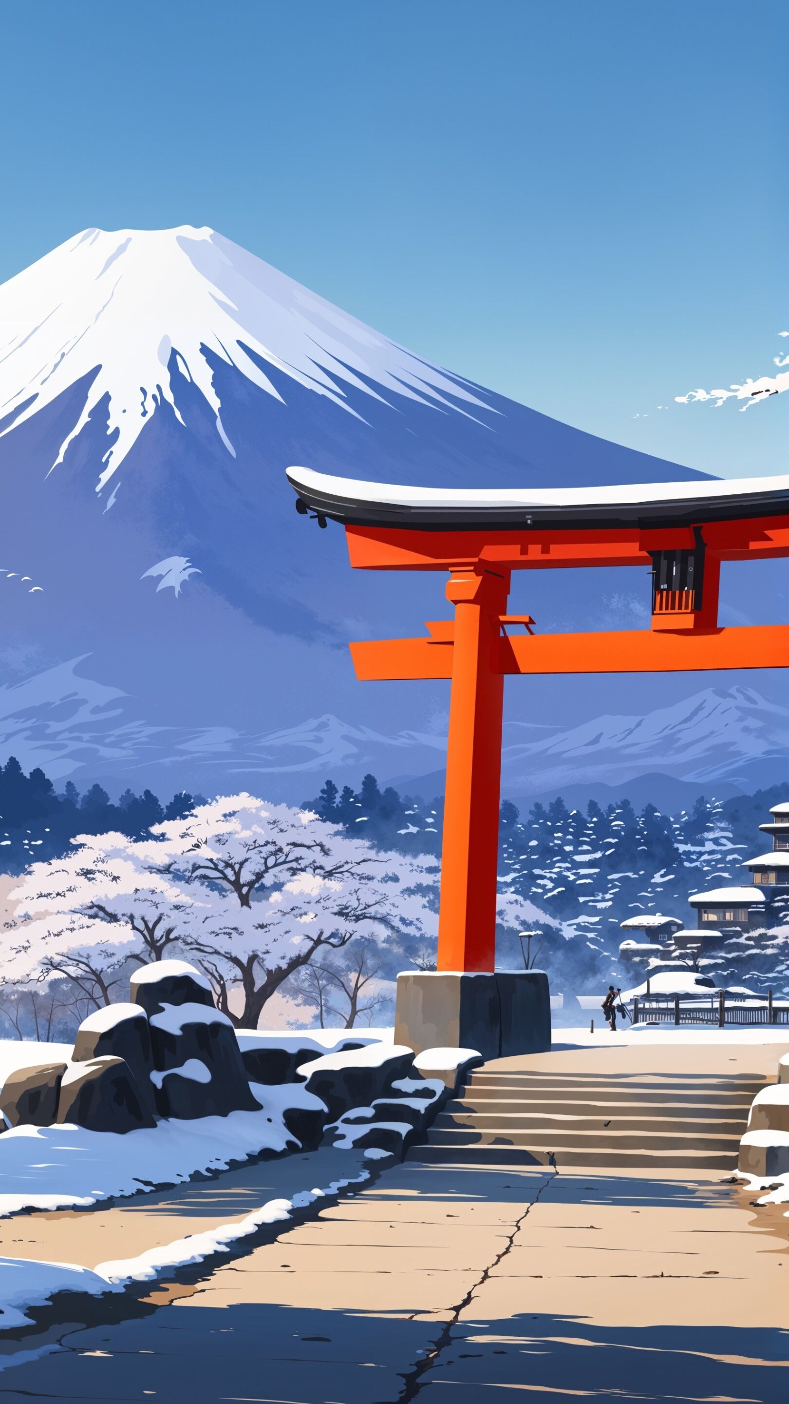 Torii Gate in Snowy Mount Fuji Landscape - backiee