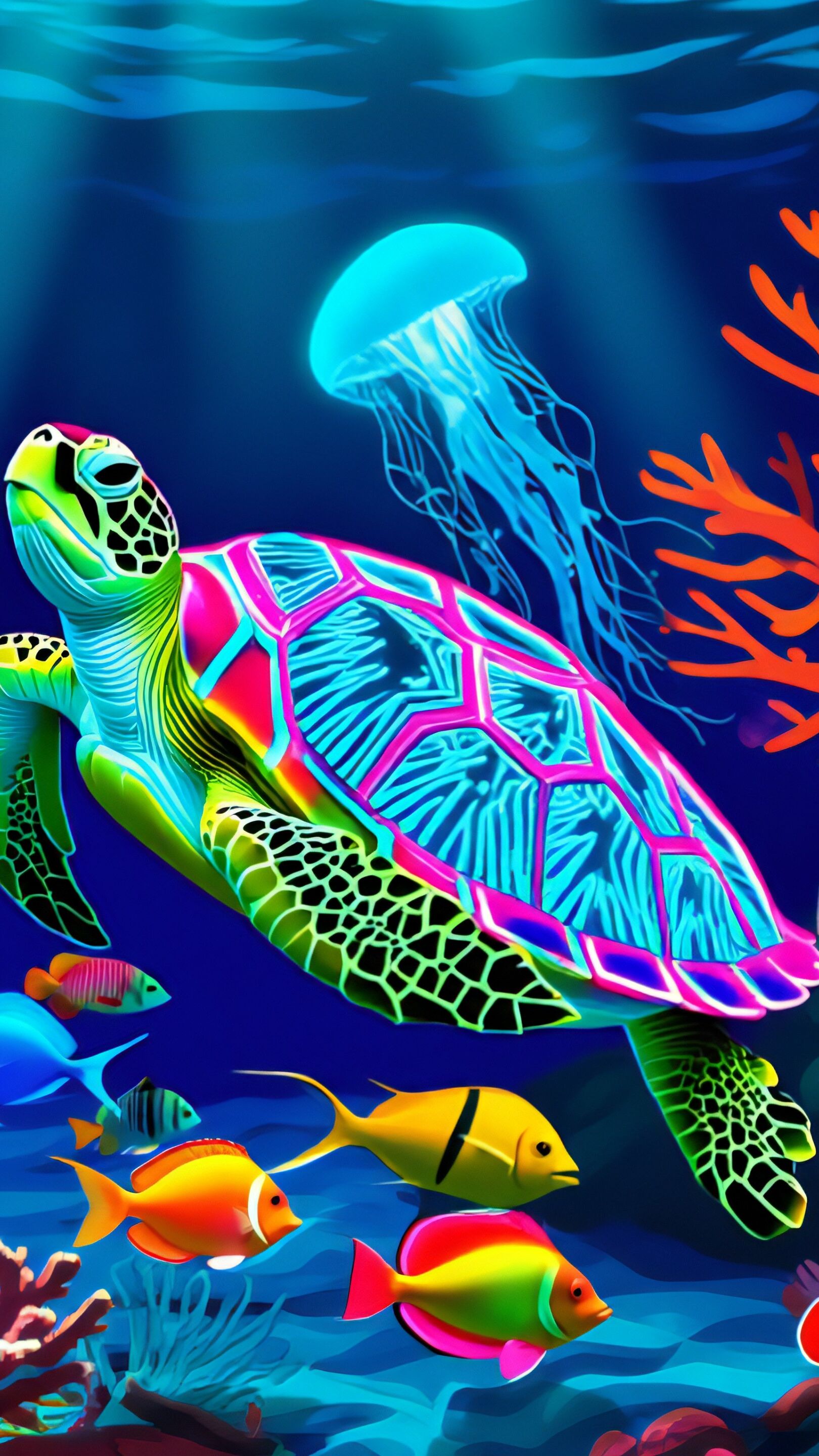 Neon Sea Turtle Drifting Through Bioluminescent Reef Fantasy - backiee