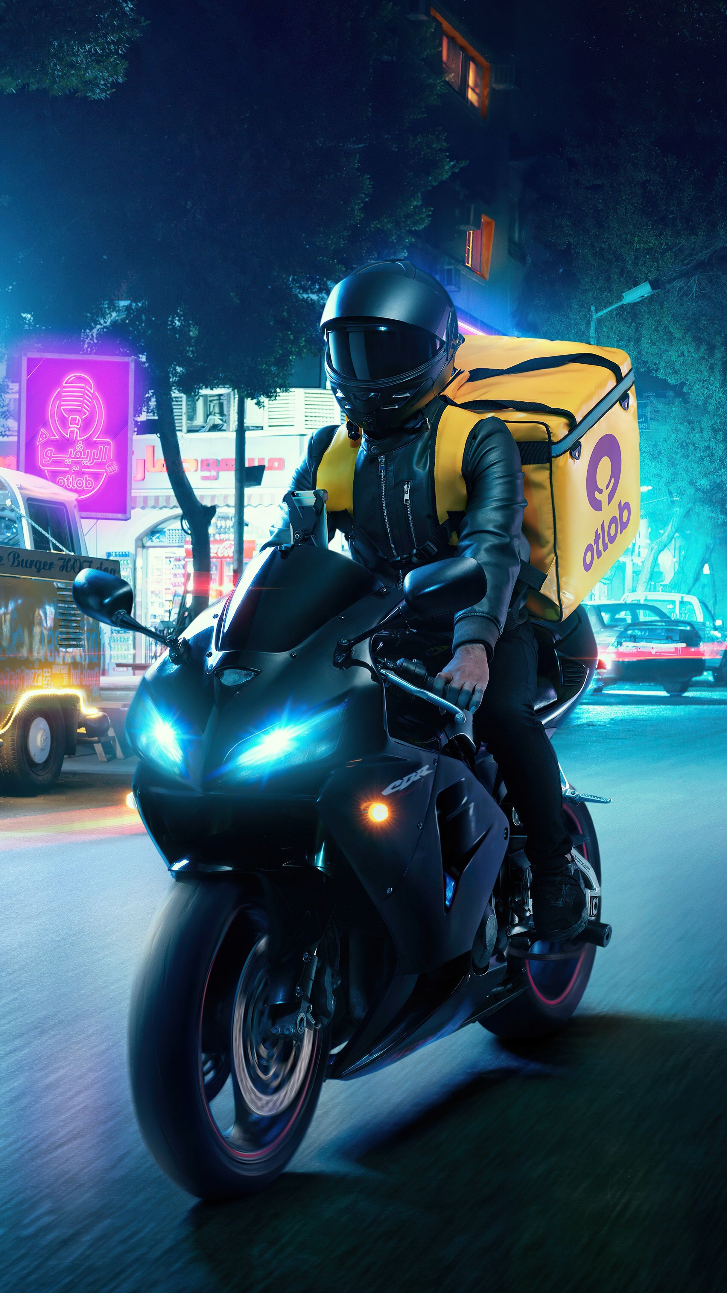 Motorcycle Delivery in Neon Night Vibes - backiee