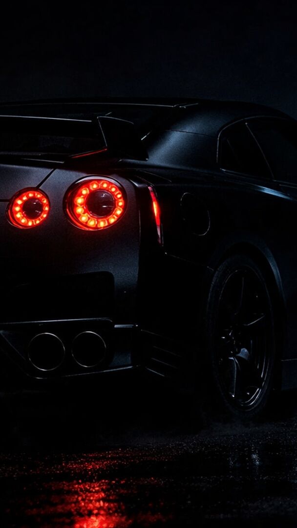Midnight Nissan GT-R R35 Rear View in Rainy Neon Glow - backiee