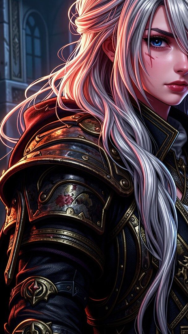 Silver Haired Warrior Girl in a Midnight Fantasy City - backiee